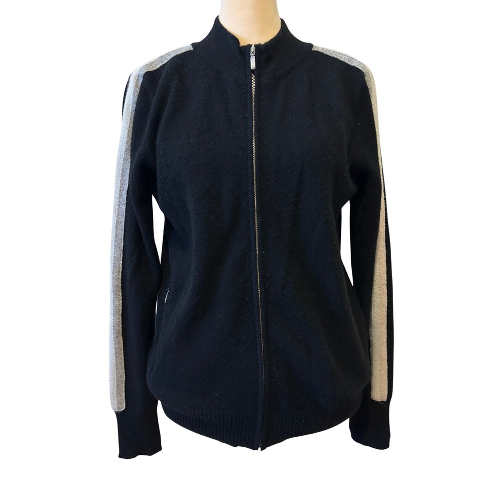 VTG Cashmere Project Y2K Sweater Sz S Black Cashmere Racing Stripe Zip Cardigan